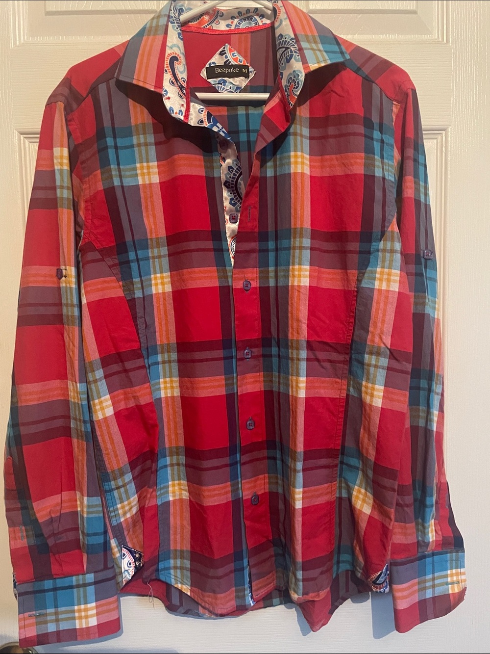 Bespoke Red Plaid Button-Down Shirt with Blue and Orange Accents